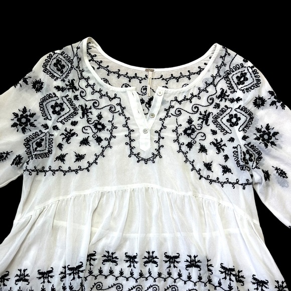 Free People Tops - Free People White & Black Embroidered Sheer Blouse